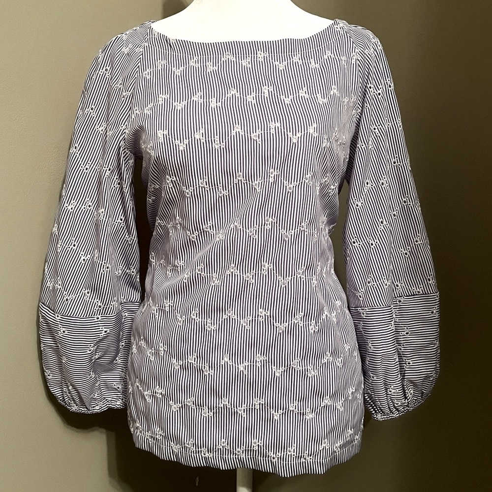 Navy Blue Flounce Sleeve Eyelet Blouse